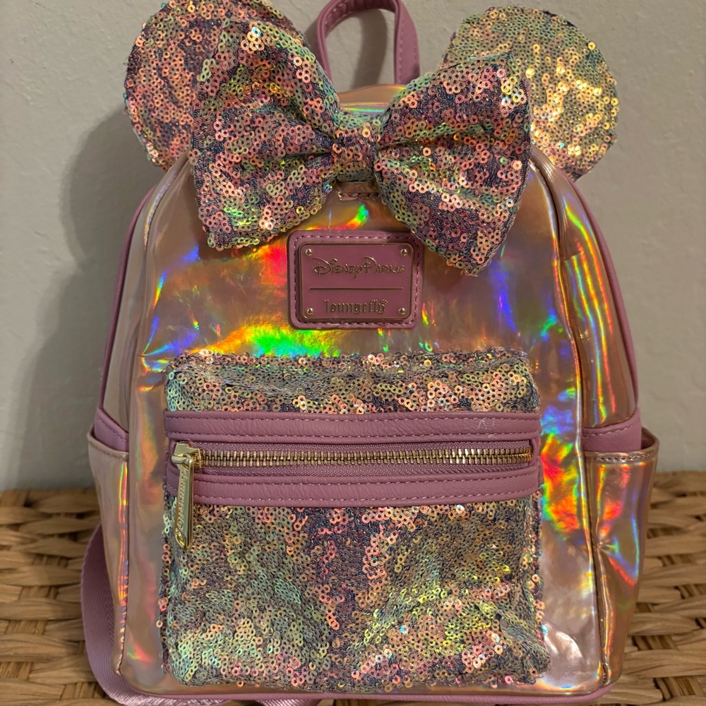 Loungefly Pink Mini Backpack with Holographic Material and Glittery Ears